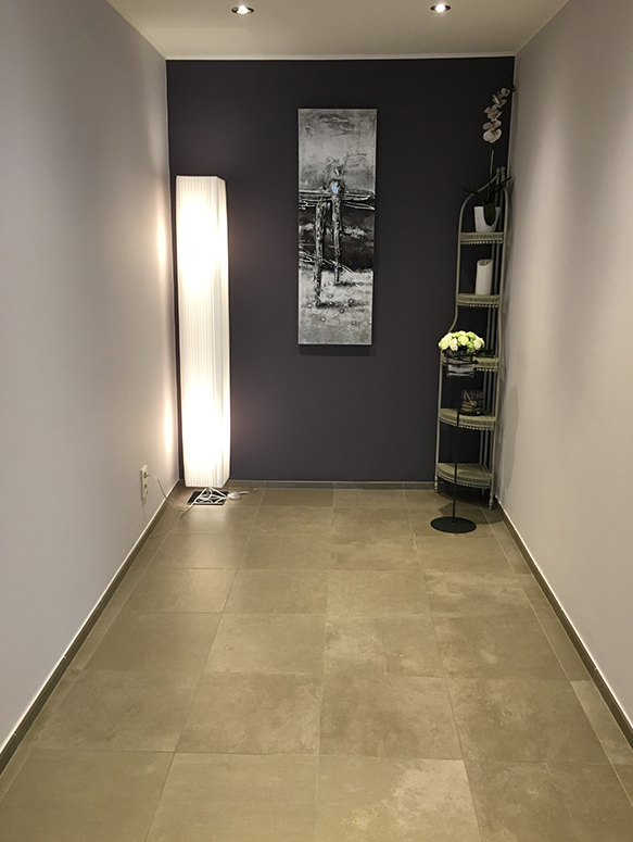 Espace d'accueil du magasin, mur prune, étagère et orchidée blanche.